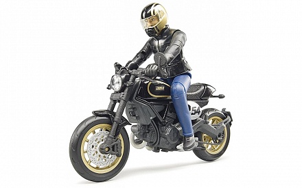 Мотоцикл Scrambler Ducati Cafe Racer с мотоциклистом 
